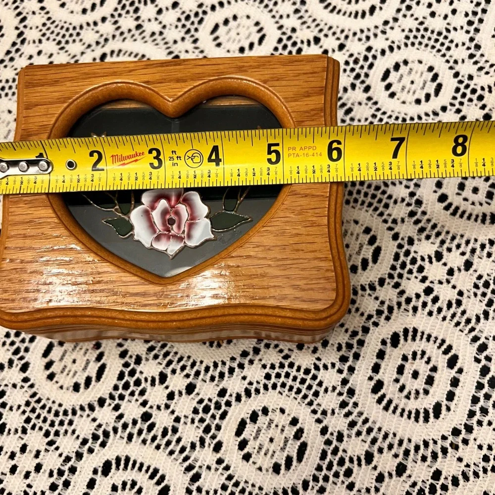 Vintage Wooden Jewelry Box Heart Shaped Floral Glass Inlay